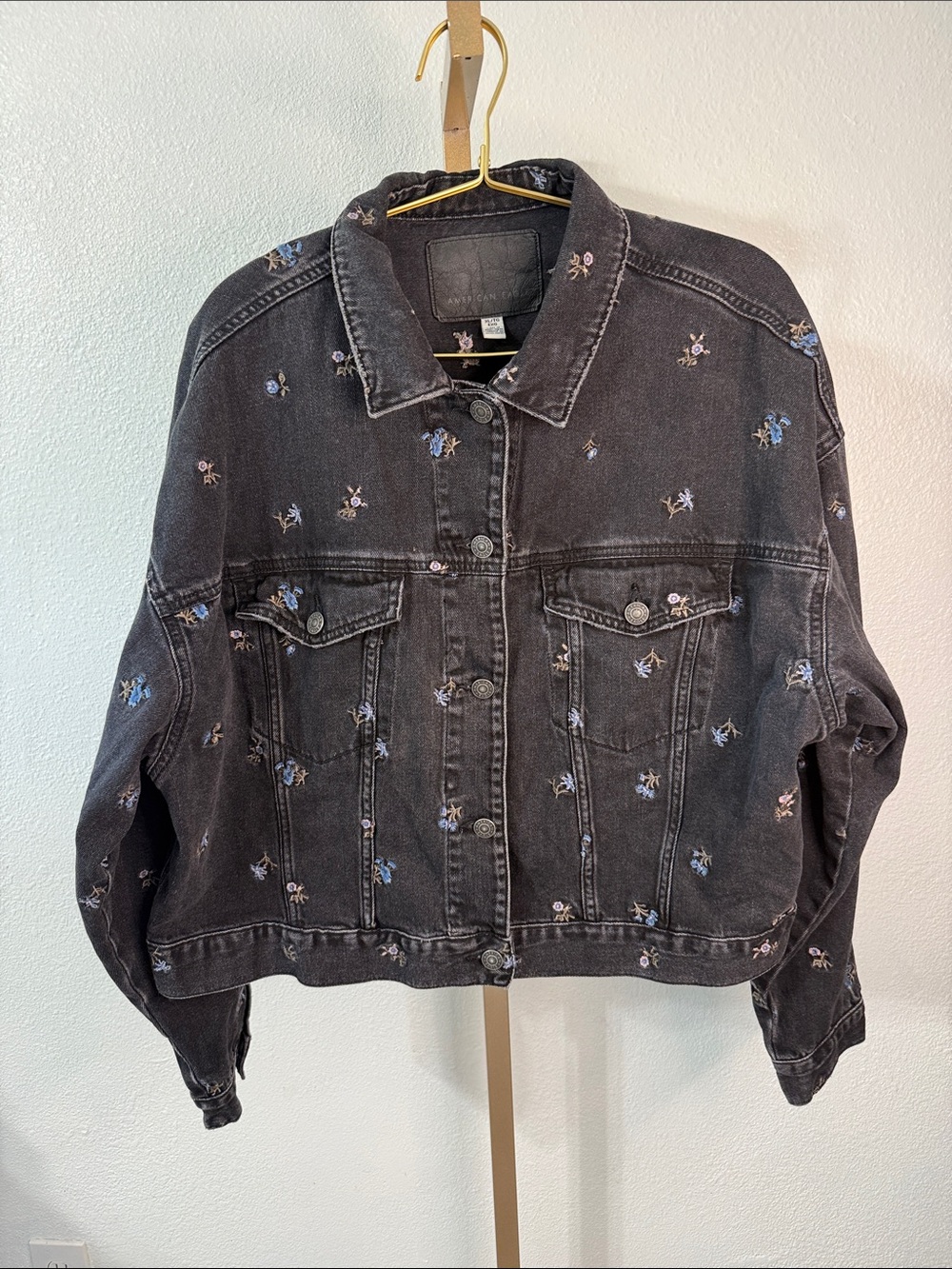 American Eagle- Black Denim Jacket with Blue & Pink Floral Embroidery- Size XL